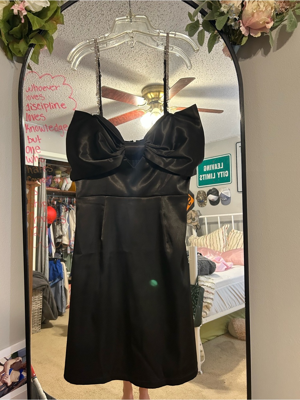 Selfie Leslie Black Satin Bow-Front Mini Dress